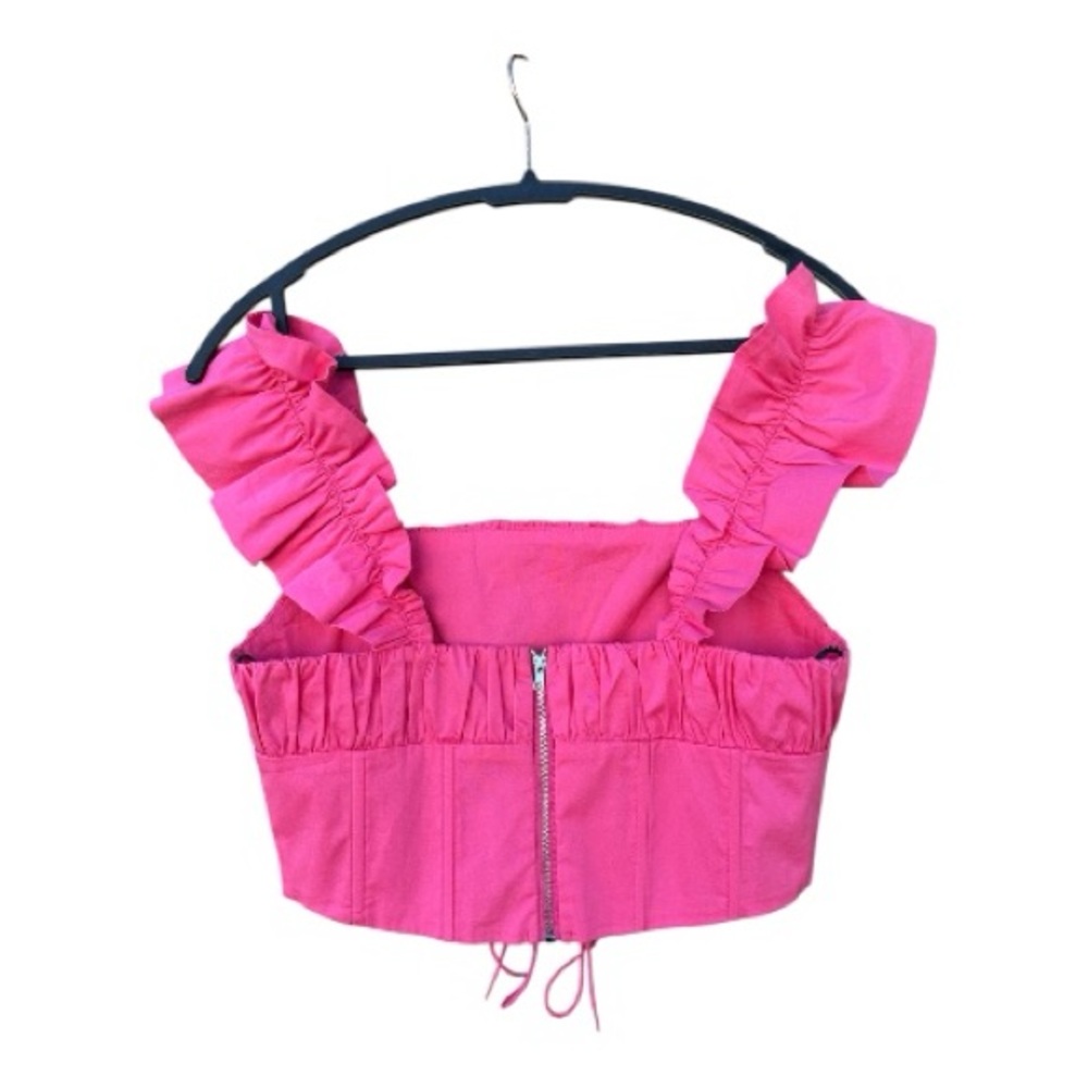 Forever 21 Pink Corset Crop Top Lace Up Ruffle Milkmaid Coquette M - Picture 3 of 7